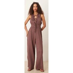 ASOS Double Cloth Gathered Tie Pants Jumpsuit Brown Cotton US 6 Wide Leg